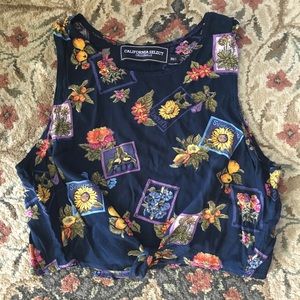 Garden Print Crop Top Vintage Tie Front Tank
